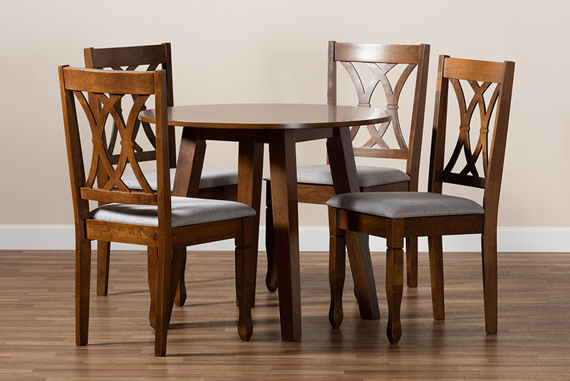 Acosta Modern and Contemporary Gray Fabric Upholstered and Walnut Brown Finished Wood 5-Piece Dining Set