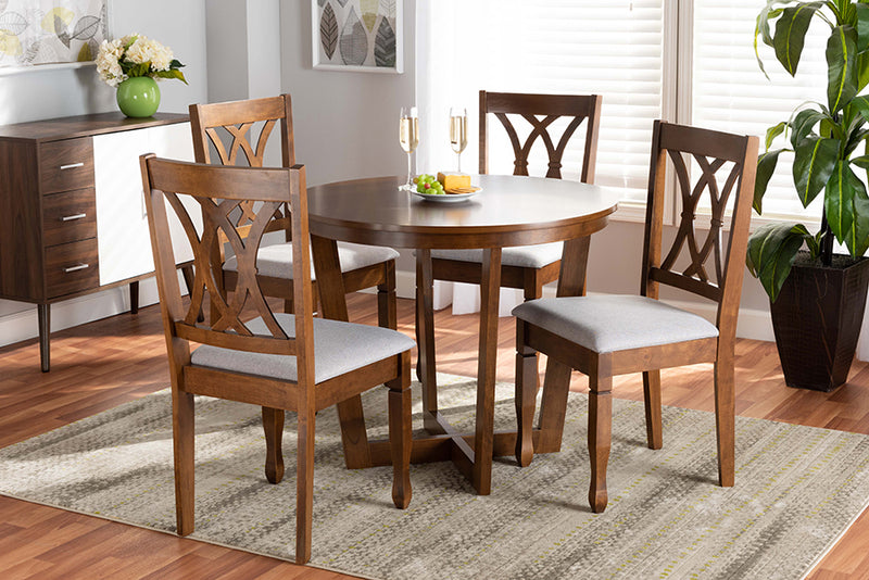 Cerne Modern and Contemporary Gray Fabric Upholstered and Walnut Brown Finished Wood 5-Piece Dining Set