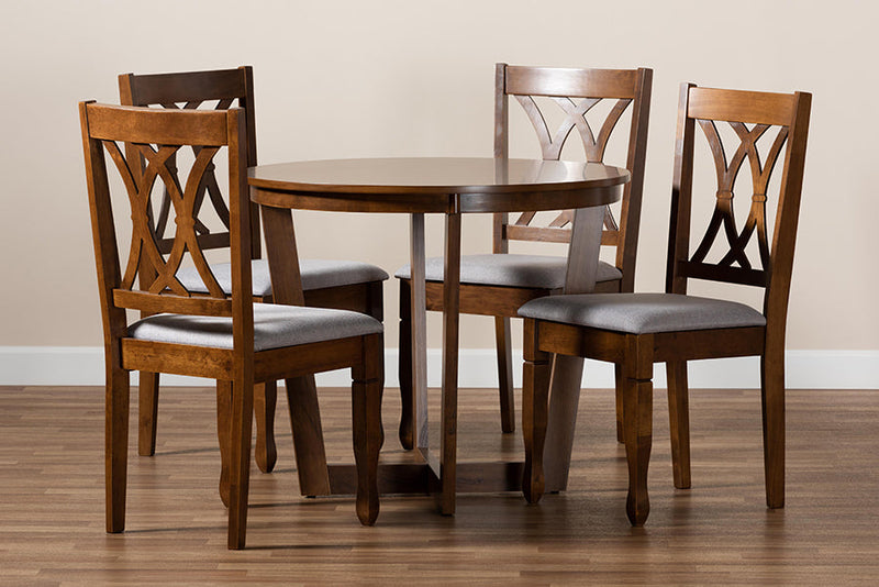 Cerne Gray Fabric Upholstered and Walnut Brown 5-Piece Dining Set Baxton