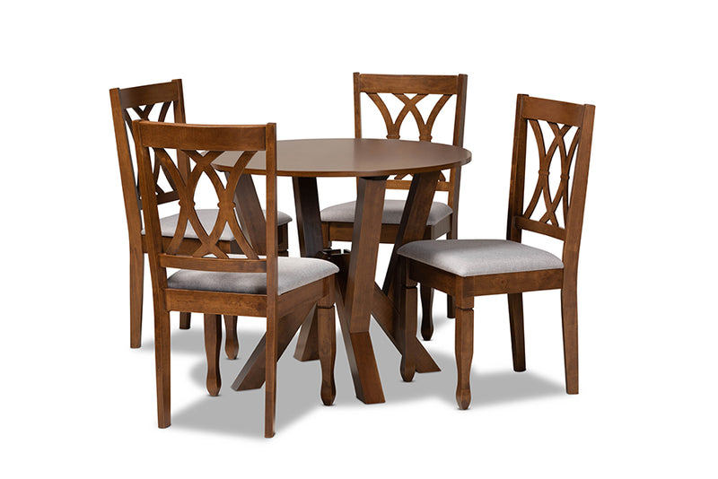 Nefeli Modern and Contemporary Gray Fabric Upholstered and Walnut Brown Finished Wood 5-Piece Dining Set