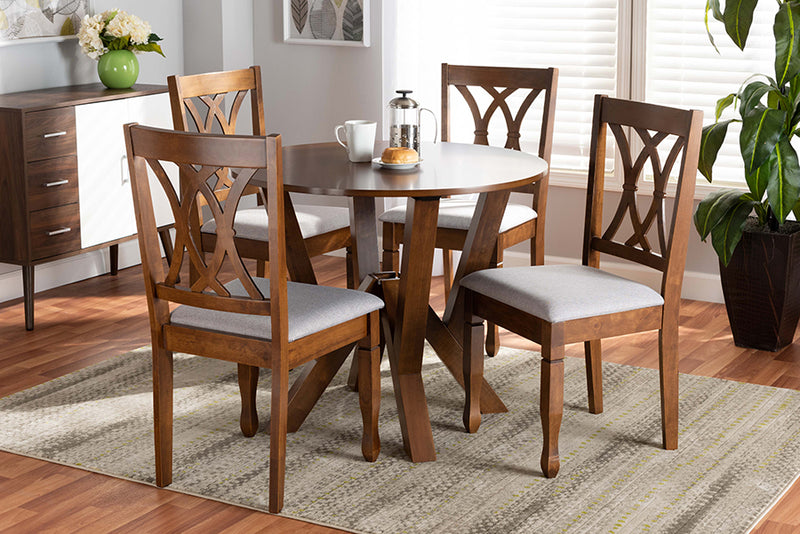 Nefeli Modern and Contemporary Gray Fabric Upholstered and Walnut Brown Finished Wood 5-Piece Dining Set