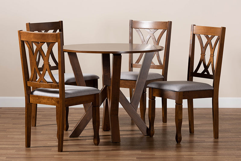 Nefeli Modern and Contemporary Gray Fabric Upholstered and Walnut Brown Finished Wood 5-Piece Dining Set