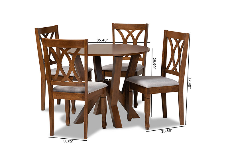 Nefeli Modern and Contemporary Gray Fabric Upholstered and Walnut Brown Finished Wood 5-Piece Dining Set