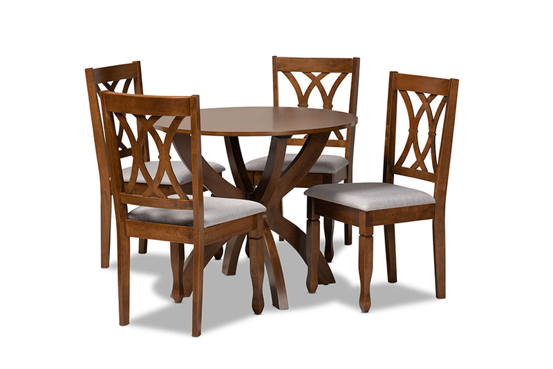 Amira Modern and Contemporary Gray Fabric Upholstered and Walnut Brown Finished Wood 5-Piece Dining Set