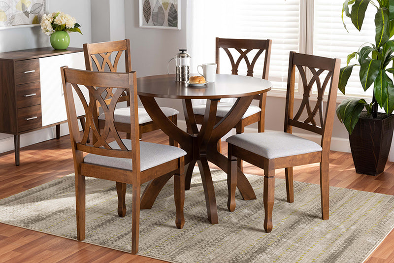 Amira Modern and Contemporary Gray Fabric Upholstered and Walnut Brown Finished Wood 5-Piece Dining Set