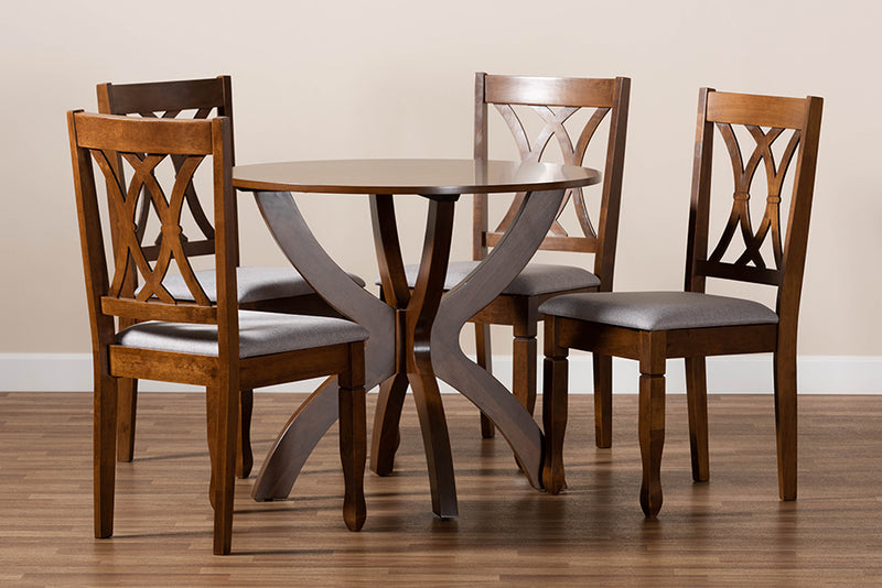 Amira Modern and Contemporary Gray Fabric Upholstered and Walnut Brown Finished Wood 5-Piece Dining Set