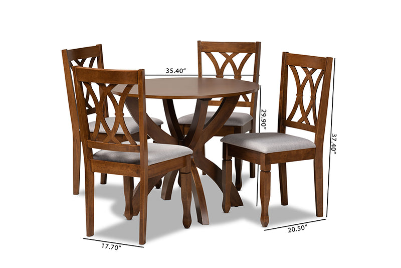 Amira Modern and Contemporary Gray Fabric Upholstered and Walnut Brown Finished Wood 5-Piece Dining Set