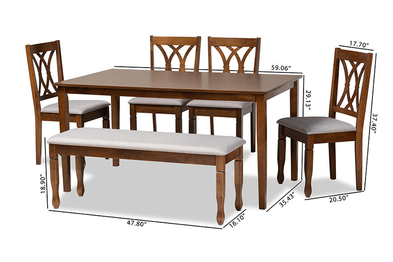 Asgart Modern and Contemporary Gray Fabric Upholstered and Walnut Brown Finished Wood 6-Piece Dining Set