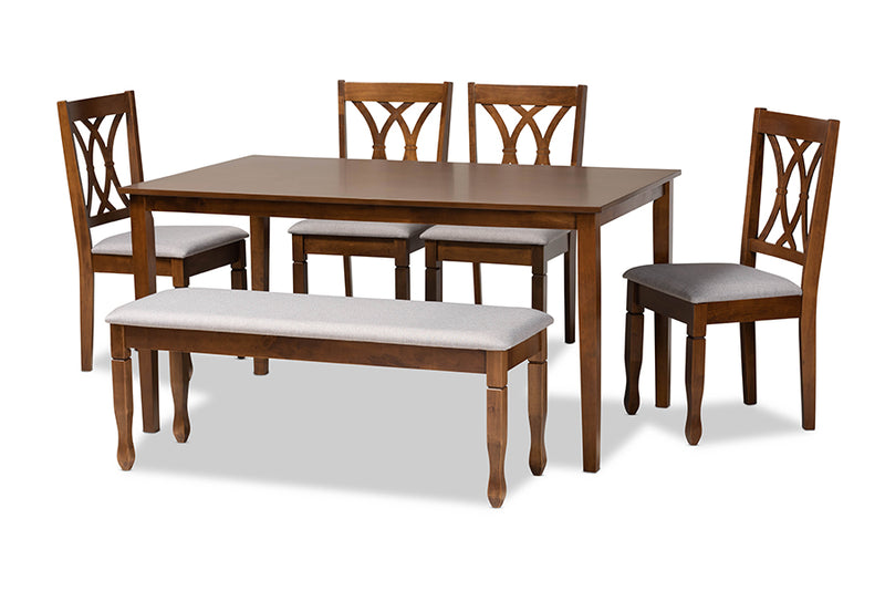 Asgart Modern and Contemporary Gray Fabric Upholstered and Walnut Brown Finished Wood 6-Piece Dining Set