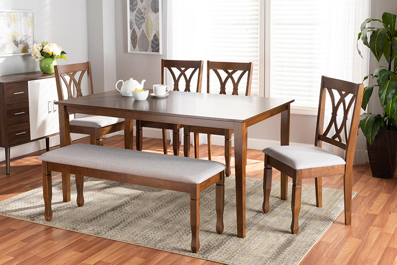 Asgart Modern and Contemporary Gray Fabric Upholstered and Walnut Brown Finished Wood 6-Piece Dining Set