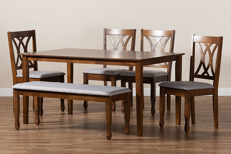 Asgart Modern and Contemporary Gray Fabric Upholstered and Walnut Brown Finished Wood 6-Piece Dining Set