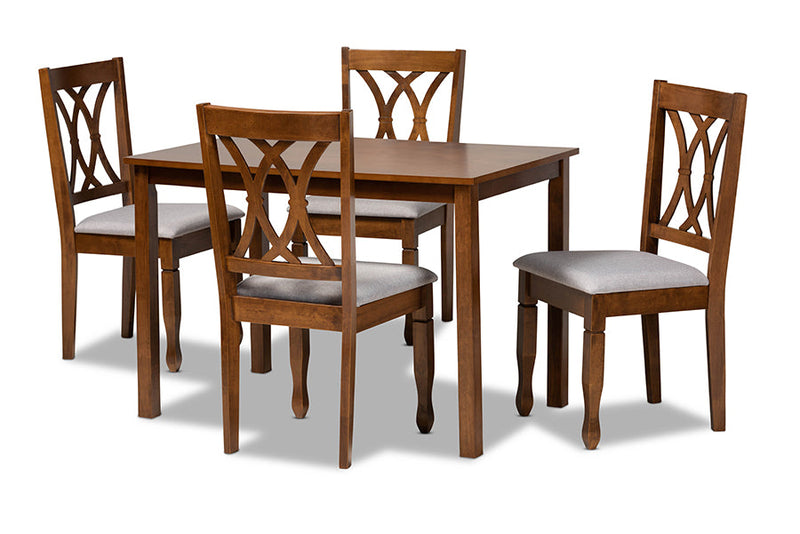 Kayla Gray Fabric Upholstered and Walnut Brown 5-Piece Dining Set Baxton