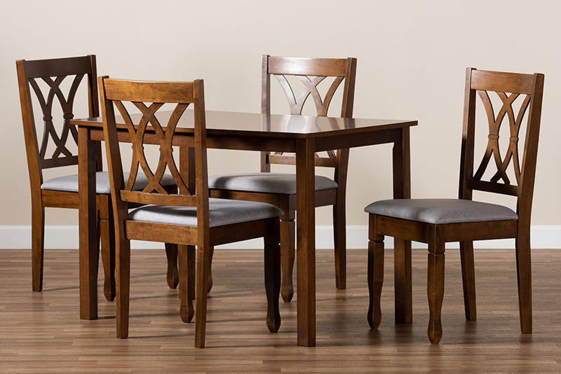 Kayla Modern and Contemporary Gray Fabric Upholstered and Walnut Brown Finished Wood 5-Piece Dining Set