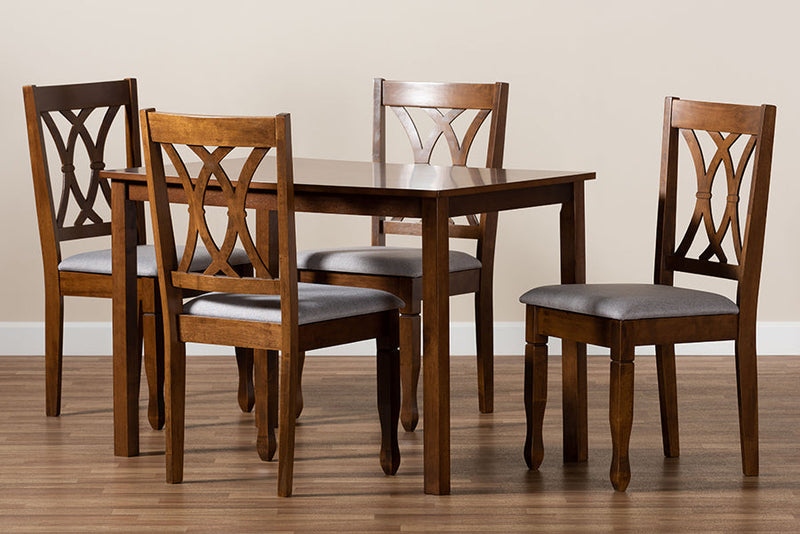 Kayla Gray Fabric Upholstered and Walnut Brown 5-Piece Dining Set Baxton