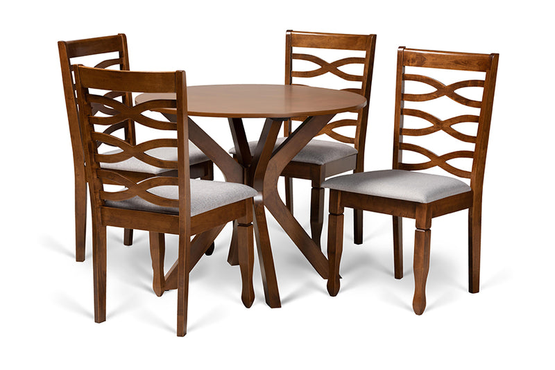 Meltem Modern and Contemporary Gray Fabric Upholstered and Walnut Brown Finished Wood 5-Piece Dining Set