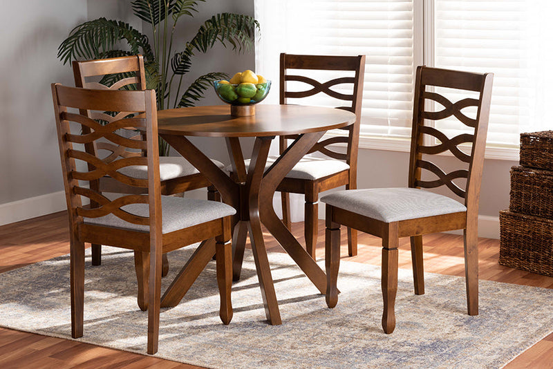 Meltem Gray Fabric Upholstered and Walnut Brown 5-Piece Dining Set Baxton