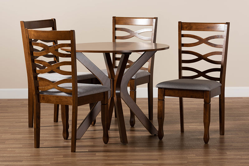 Meltem Modern and Contemporary Gray Fabric Upholstered and Walnut Brown Finished Wood 5-Piece Dining Set