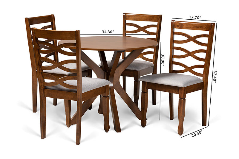 Meltem Gray Fabric Upholstered and Walnut Brown 5-Piece Dining Set Baxton