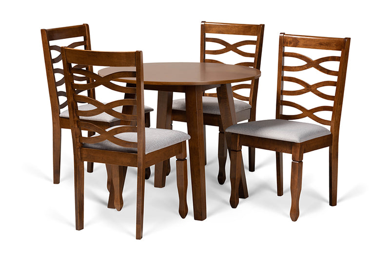 Elias Modern and Contemporary Gray Fabric Upholstered and Walnut Brown Finished Wood 5-Piece Dining Set