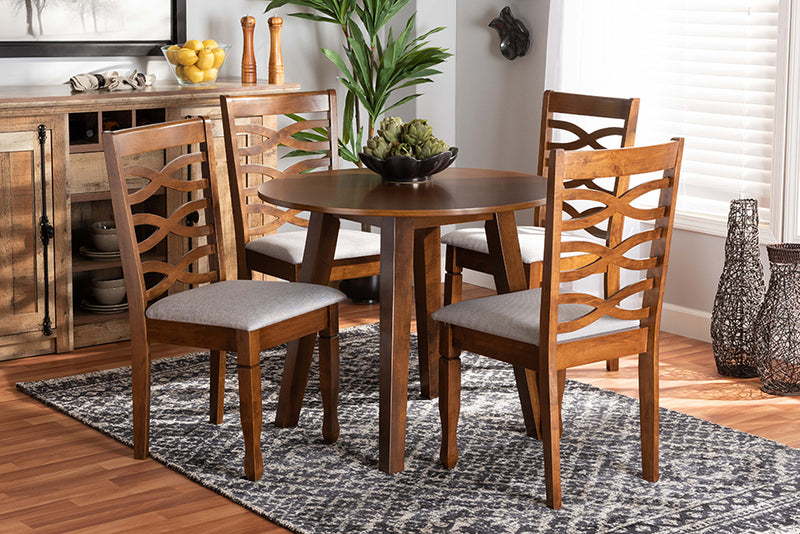 Elias Modern and Contemporary Gray Fabric Upholstered and Walnut Brown Finished Wood 5-Piece Dining Set