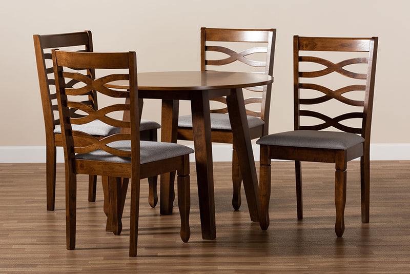 Elias Modern and Contemporary Gray Fabric Upholstered and Walnut Brown Finished Wood 5-Piece Dining Set