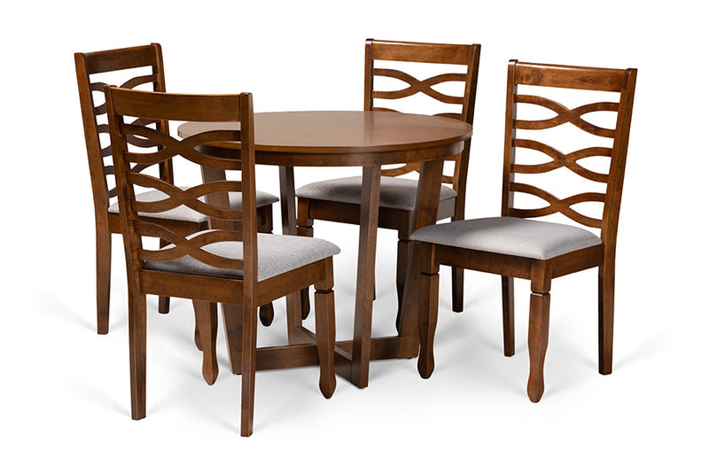 Annalisa Gray Fabric Upholstered and Walnut Brown 5-Piece Dining Set Baxton