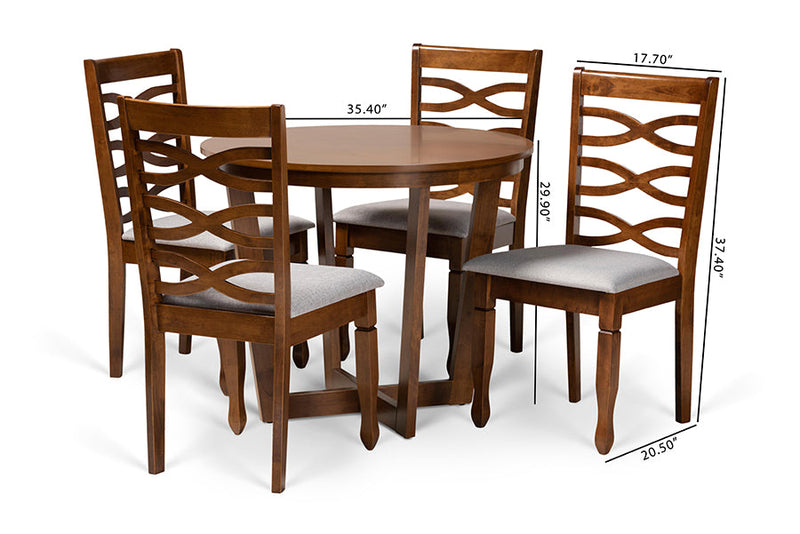 Annalisa Gray Fabric Upholstered and Walnut Brown 5-Piece Dining Set Baxton