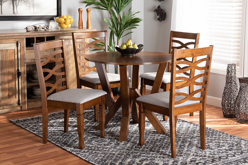 Betiana Modern and Contemporary Gray Fabric Upholstered and Walnut Brown Finished Wood 5-Piece Dining Set