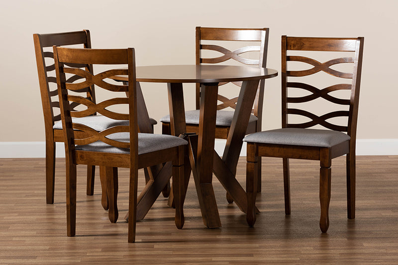 Betiana Modern and Contemporary Gray Fabric Upholstered and Walnut Brown Finished Wood 5-Piece Dining Set