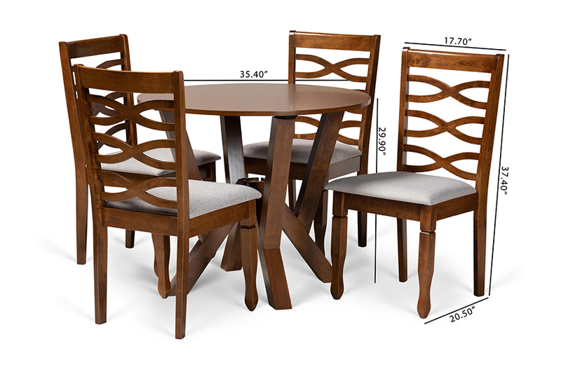 Betiana Modern and Contemporary Gray Fabric Upholstered and Walnut Brown Finished Wood 5-Piece Dining Set