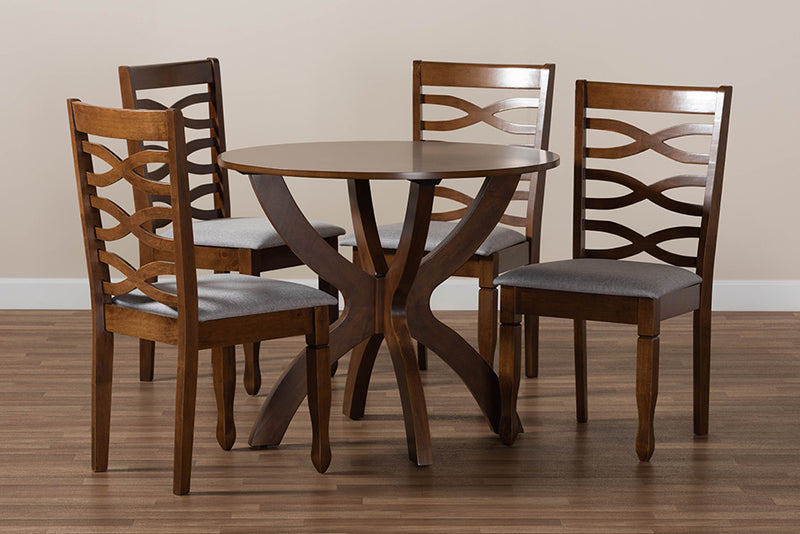 Darien Modern and Contemporary Gray Fabric Upholstered and Walnut Brown Finished Wood 5-Piece Dining Set