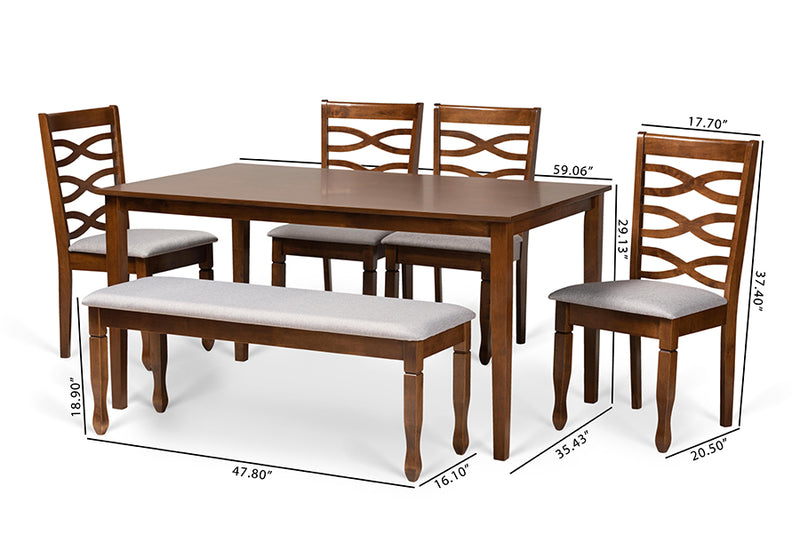 Maliyah Modern and Contemporary Gray Fabric Upholstered and Walnut Brown Finished Wood 6-Piece Dining Set