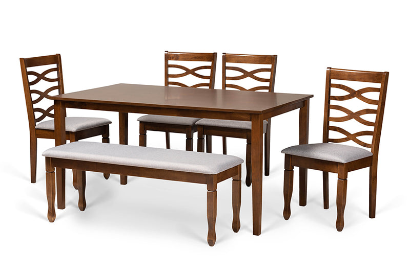 Maliyah Modern and Contemporary Gray Fabric Upholstered and Walnut Brown Finished Wood 6-Piece Dining Set