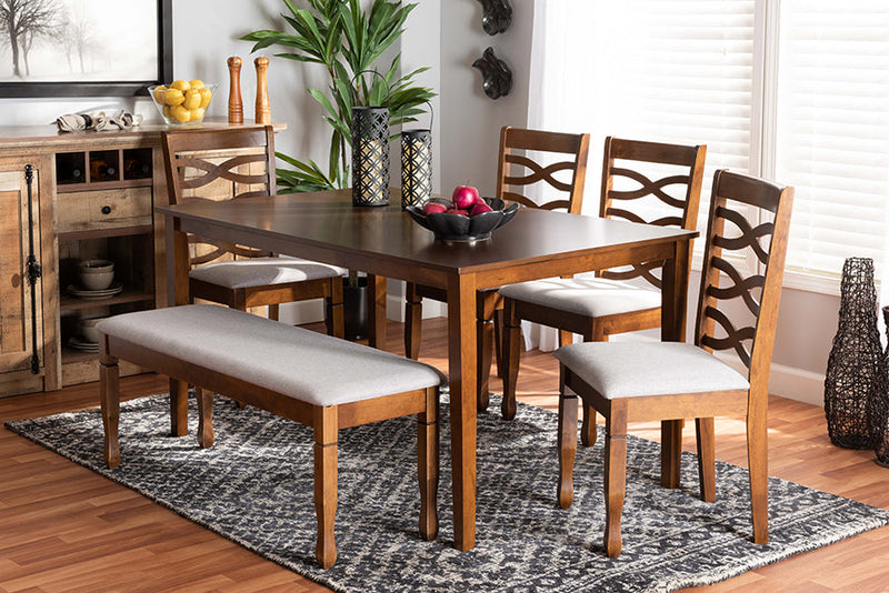 Maliyah Gray Fabric Upholstered and Walnut Brown 6-Piece Dining Set Baxton