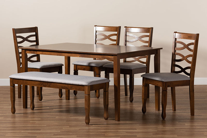 Maliyah Gray Fabric Upholstered and Walnut Brown 6-Piece Dining Set Baxton
