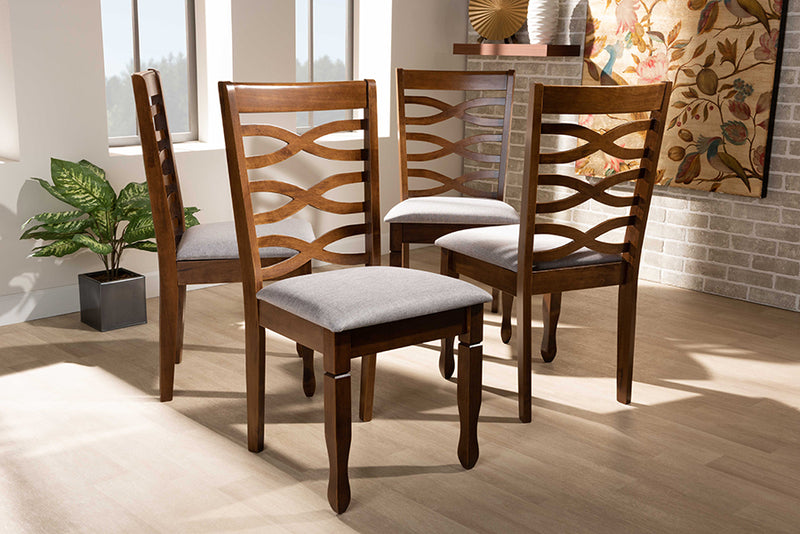 Fisk Modern and Contemporary Gray Fabric Upholstered and Walnut Brown Finished Wood 4-Piece Dining Chair Set