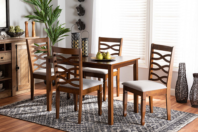 Felda Modern and Contemporary Gray Fabric Upholstered and Walnut Brown Finished Wood 5-Piece Dining Set