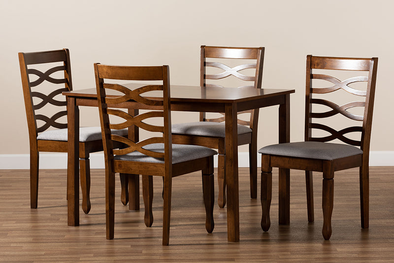 Felda Modern and Contemporary Gray Fabric Upholstered and Walnut Brown Finished Wood 5-Piece Dining Set