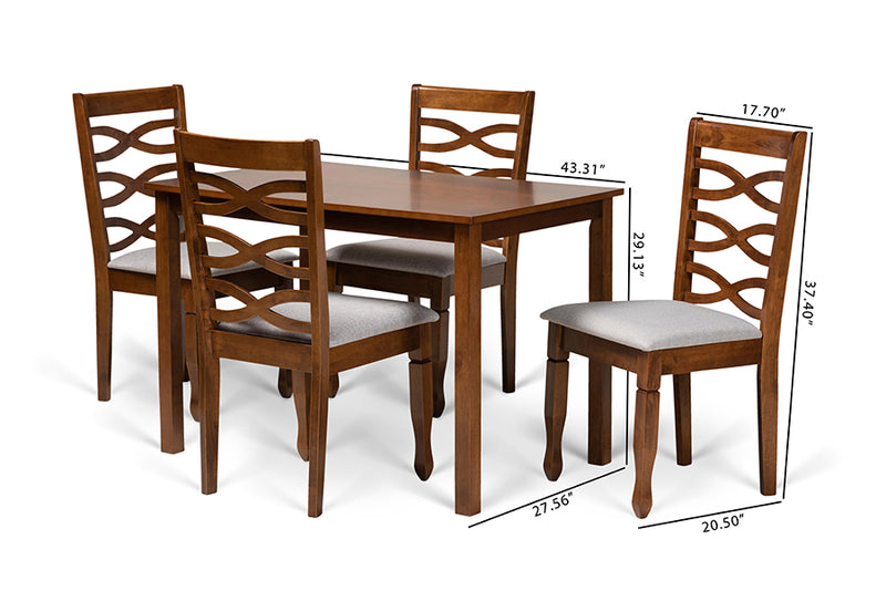 Felda Modern and Contemporary Gray Fabric Upholstered and Walnut Brown Finished Wood 5-Piece Dining Set