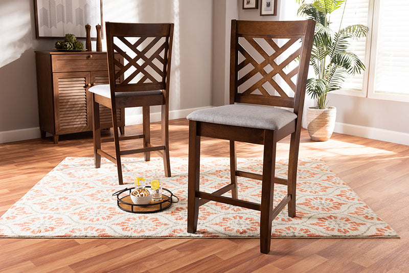 Iden Gray Fabric Walnut Brown Finished 2Pc Wood Counter Height Chair Set Baxton