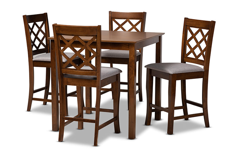 Aina Modern and Contemporary Gray Fabric Upholstered Walnut Brown Finished 5-Piece Wood Pub Set