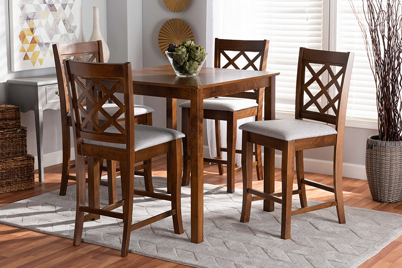 Aina Modern and Contemporary Gray Fabric Upholstered Walnut Brown Finished 5-Piece Wood Pub Set