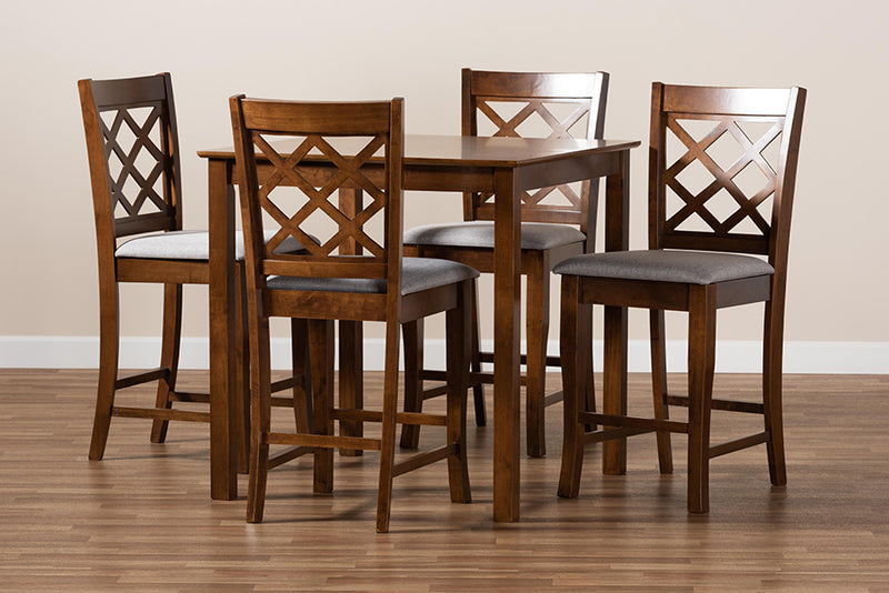 Aina Modern and Contemporary Gray Fabric Upholstered Walnut Brown Finished 5-Piece Wood Pub Set