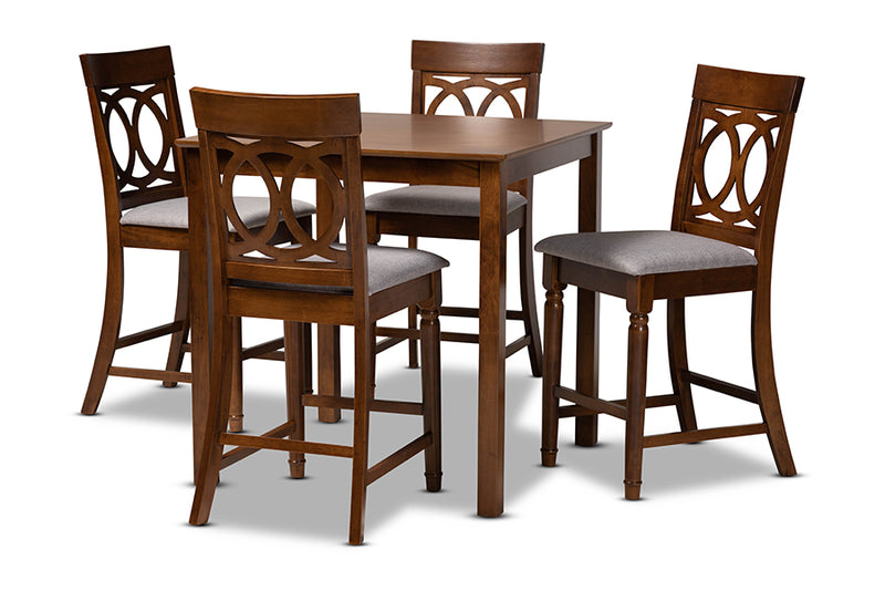 Camilo Modern and Contemporary Gray Fabric Upholstered Walnut Brown Finished 5-Piece Wood Pub Set