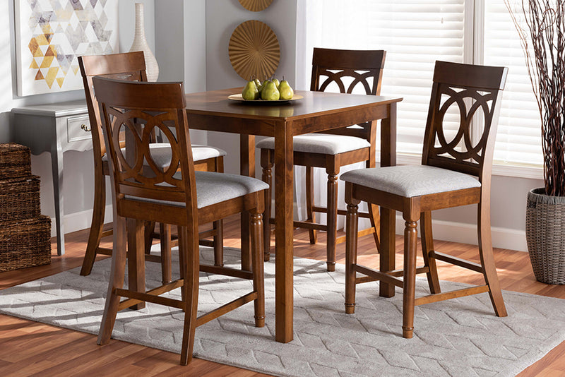 Camilo Modern and Contemporary Gray Fabric Upholstered Walnut Brown Finished 5-Piece Wood Pub Set