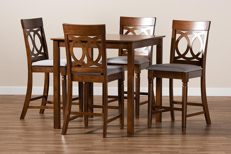 Camilo Modern and Contemporary Gray Fabric Upholstered Walnut Brown Finished 5-Piece Wood Pub Set