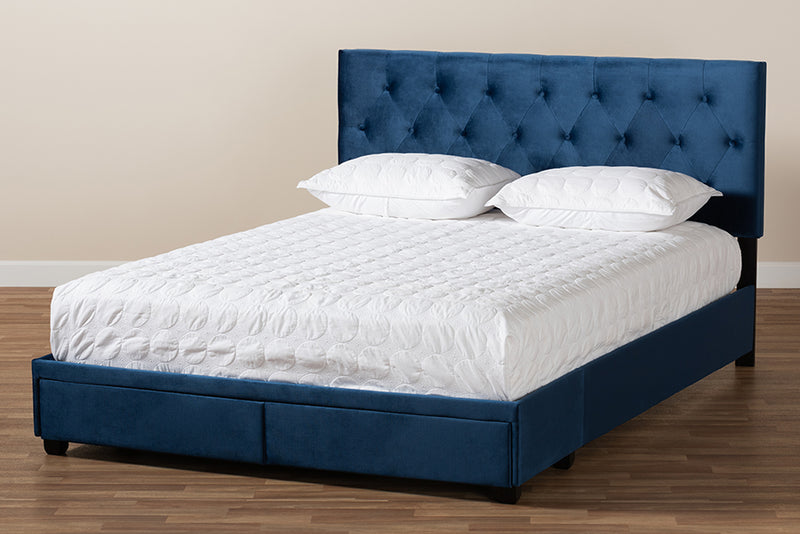 Paxton Modern and Contemporary Navy Blue Velvet Fabric Upholstered 2-Drawer Queen Size Platform Storage Bed