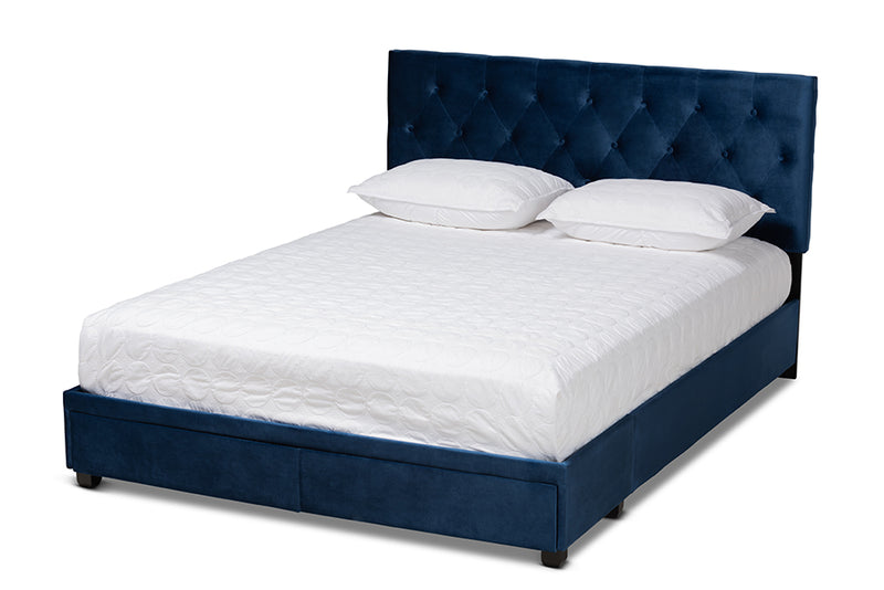Paxton Modern and Contemporary Navy Blue Velvet Fabric Upholstered 2-Drawer Queen Size Platform Storage Bed