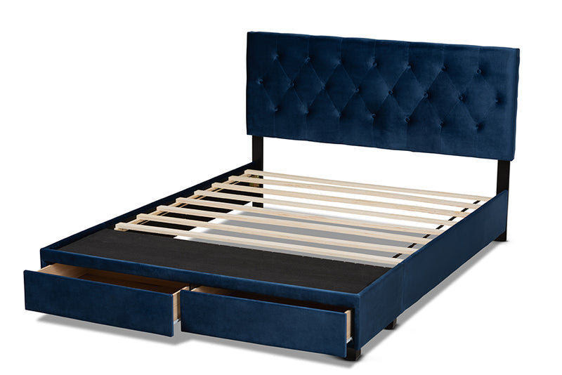 Paxton Modern and Contemporary Navy Blue Velvet Fabric Upholstered 2-Drawer Queen Size Platform Storage Bed