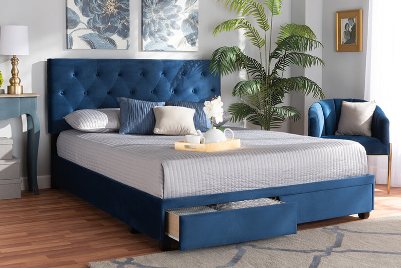 Paxton Modern and Contemporary Navy Blue Velvet Fabric Upholstered 2-Drawer Queen Size Platform Storage Bed